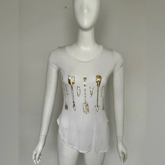 Women LOVE Golden Arrow Letter Printing White Soft Lightweight T-Shirt S NWOT - Picture 1 of 9